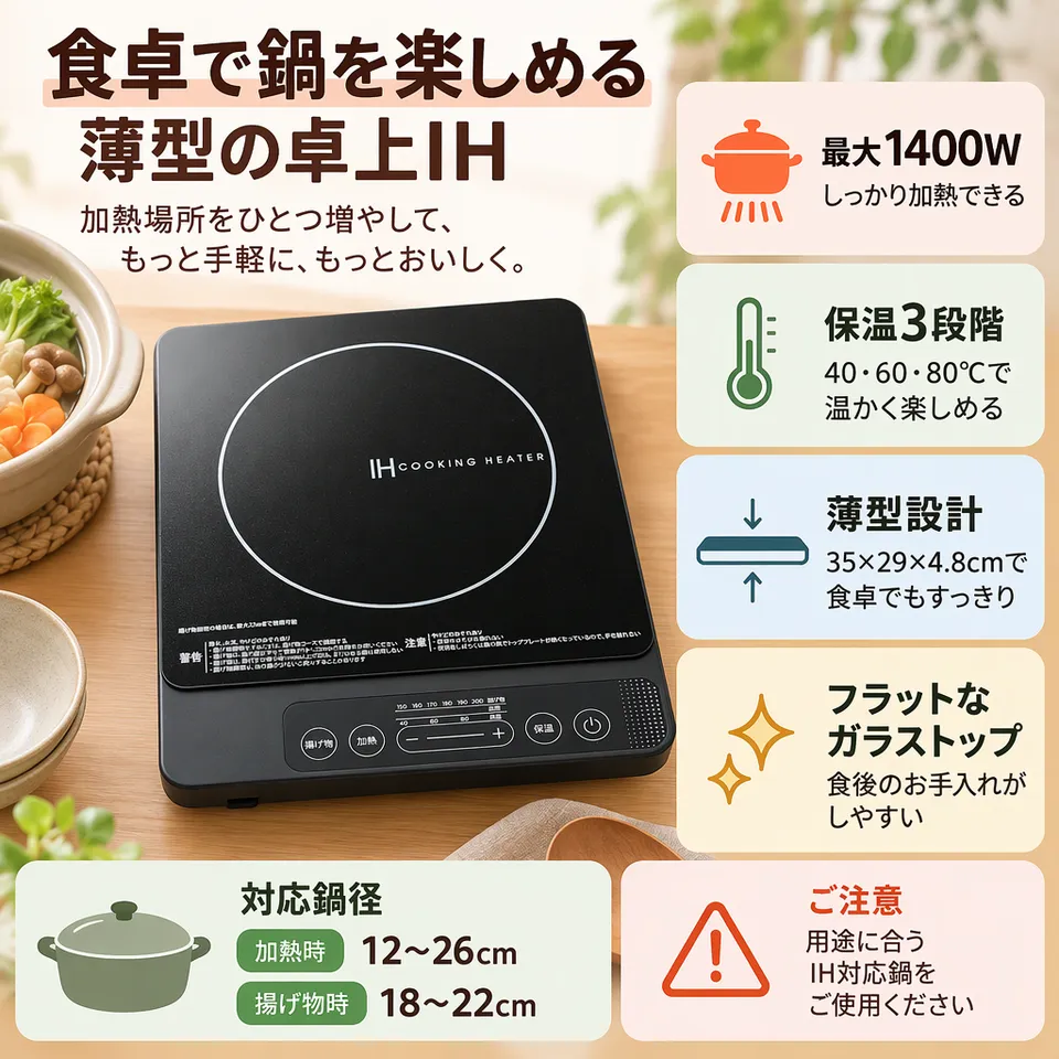 Amazonベーシック 卓上IH 1400W ブラックの要点：薄型で片づけやすい・保温機能付き・拭きやすい天板