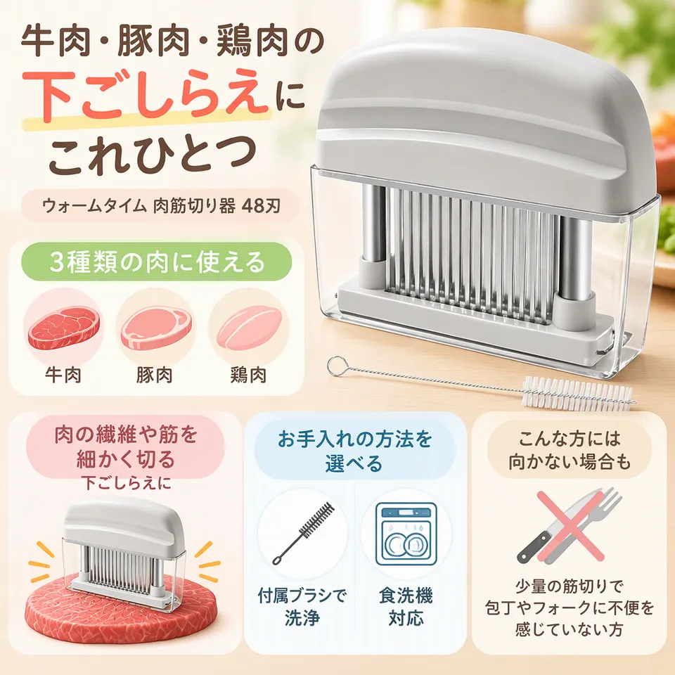 ウォームタイム 肉筋切り器 48刃の要点：幅広い肉の筋切りに・横長の持ち手・食洗機対応