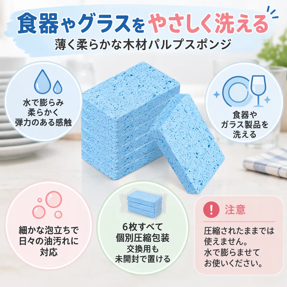uxcell 木材パルプスポンジ ブルー 6枚組の要点：天然木材パルプ・薄く柔らかな形・個別圧縮包装