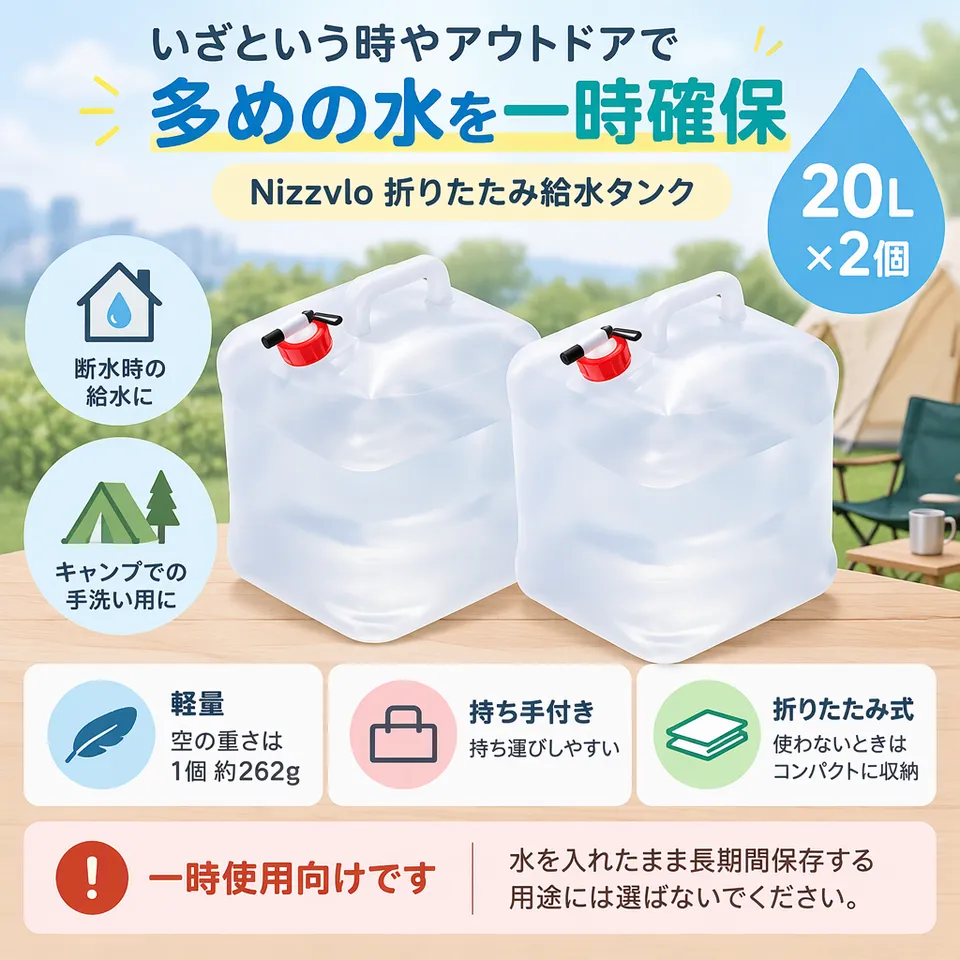 Nizzvlo 折りたたみ給水タンク 20L×2個の要点：大容量の給水向け・持ち手付き・空なら折りたためる