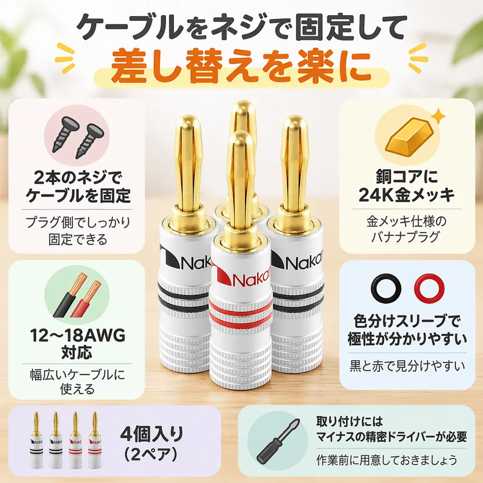 Nakamichi Excel バナナプラグ 4mm 4個の要点：ネジでケーブル固定・色分けスリーブ・銅コアの接点