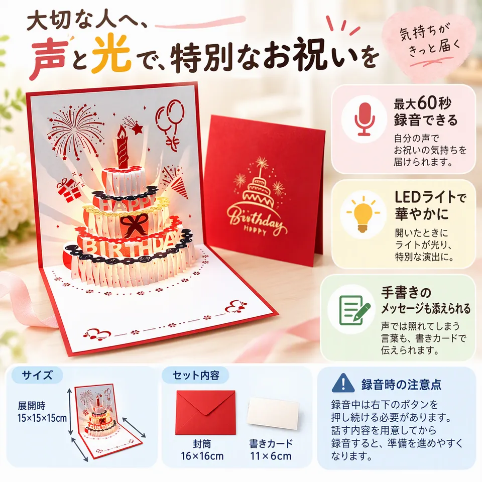 60秒録音・LED付き立体ケーキカード レッドの要点：自分の声を贈れる・光る立体ケーキ・書きカード付き