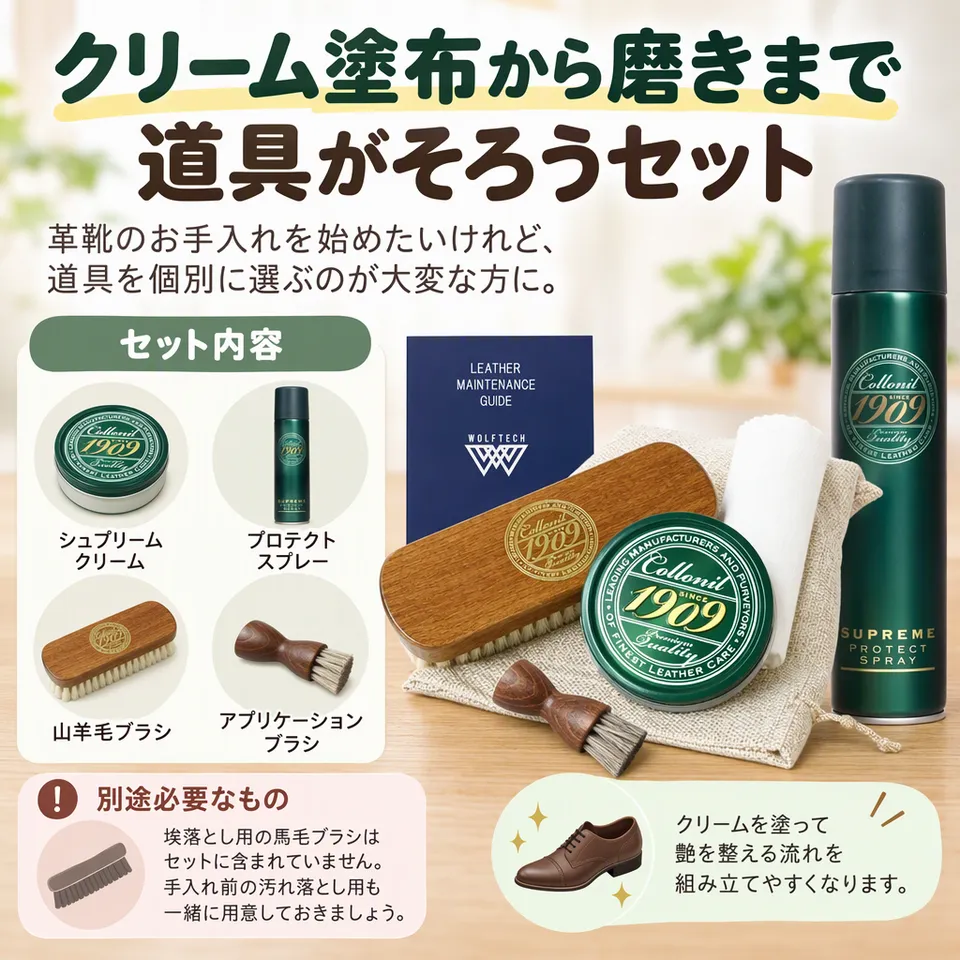 コロニル 1909 革ケアセット 並行輸入品の要点：クリームとスプレー・塗布と仕上げのブラシ・埃落としブラシは別途