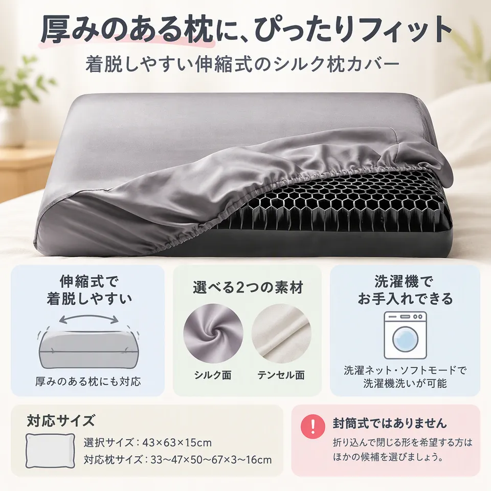 THXSILK 伸縮式シルク枕カバー 43×63×15cm グレーの要点：厚みのある枕に対応・着脱しやすい伸縮式・洗濯機で洗える