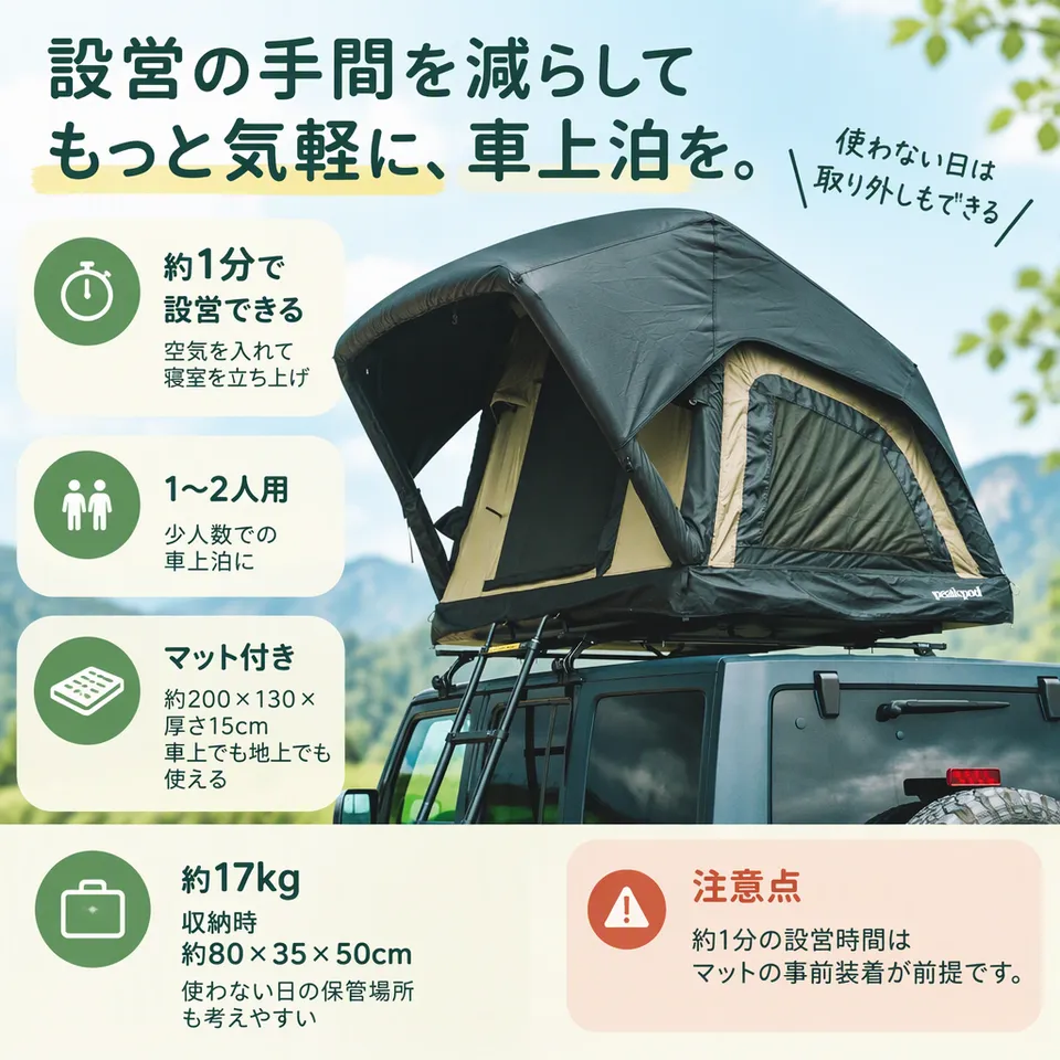 peakpod PP-1 エアフレームルーフテントの要点：空気で立ち上がる・袋に収めて保管・車上でも地上でも