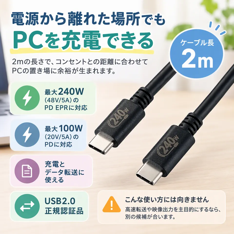エレコム USB-C 2m U2C-CCPE20NBK ブラックの要点：離れた電源に届く・充電とデータ転送・正規認証品