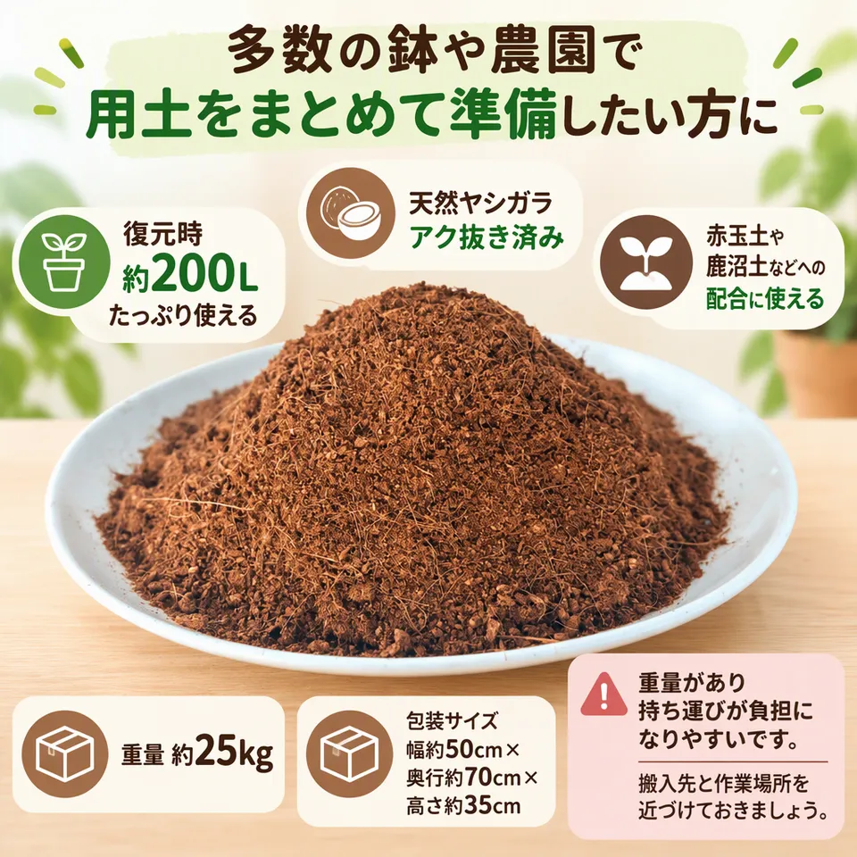 ココピート 復元時約200L・約25kg アク抜き済の要点：まとめて使える大容量・アク抜き済み・用土への配合に