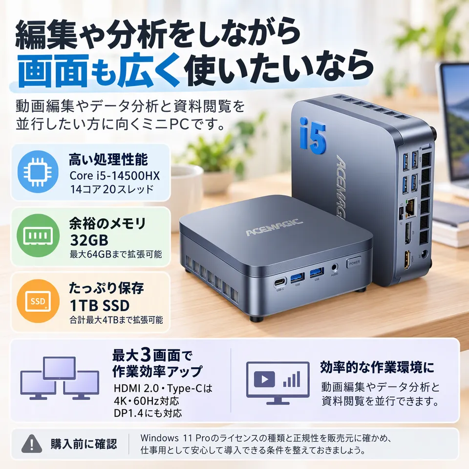 ACEMAGIC M5 i5-14500HX 32GB/1TBの要点：編集や分析にも対応・メモリとSSDを拡張・映像端子が豊富