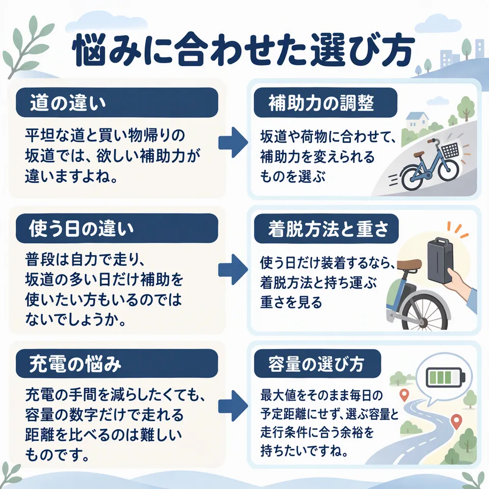悩みと提案：平坦な道と買い物帰りの坂道では、欲しい補助力が違いますよね。 → 坂道や荷物に合わせて、補助力を変えられるものを選ぶ／普段は自力で走り、坂道の多い日だけ補助を使いたい方もいるのではないでしょうか。 → 使う日だけ装着するなら、着脱方法と持ち運ぶ重さを見る／充電の手間を減らしたくても、容量の数字だけで走れる距離を比べるのは難しいものです。 → 最大値をそのまま毎日の予定距離にせず、選ぶ容量と走行条件に合う余裕を持ちたいですね。