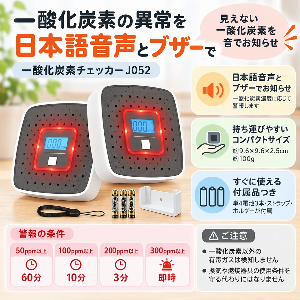一酸化炭素チェッカー J052 日本語音声の要点：日本語音声で警報・電池式で持ち運べる・濃度を液晶表示