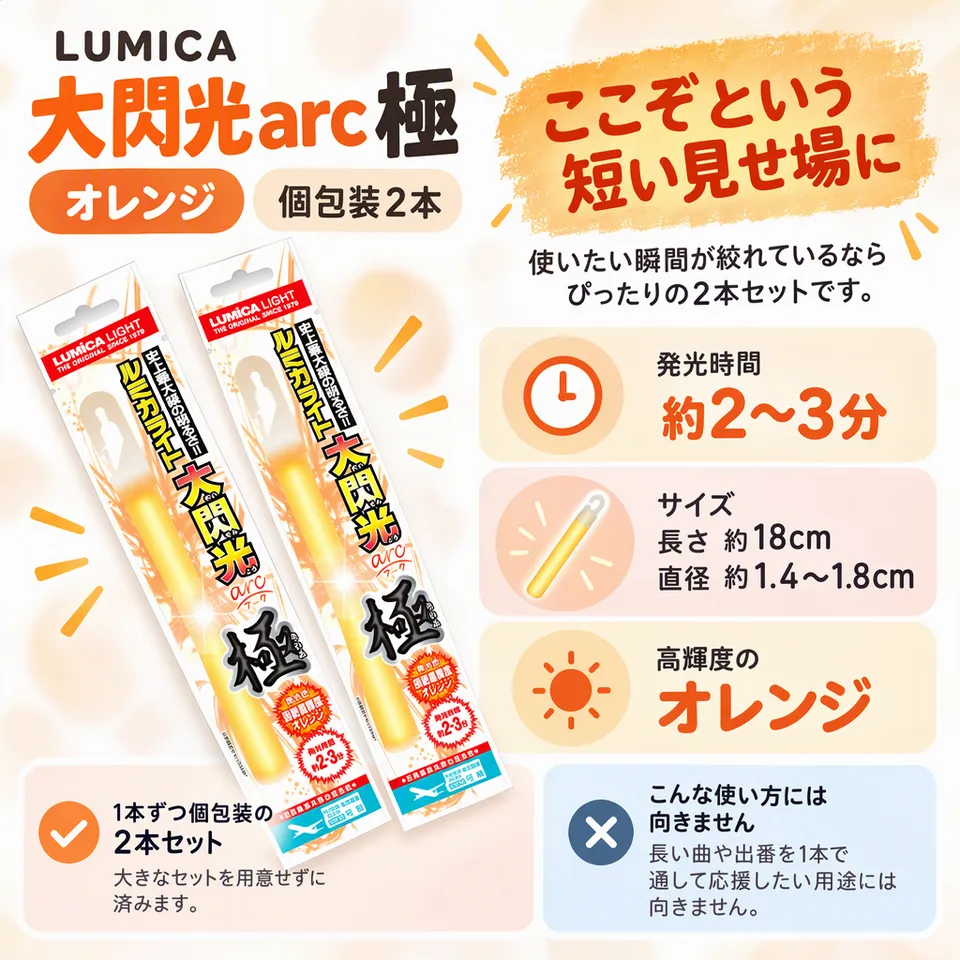 LUMICA 大閃光arc 極 オレンジ 個包装2本の要点：短い見せ場向け・個包装で持ち歩き・高輝度オレンジ