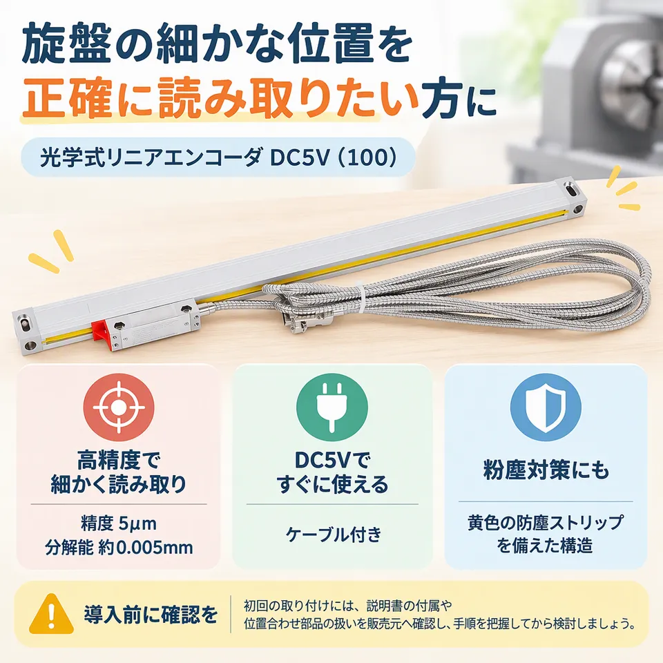 光学式リニアエンコーダ DC5V（100）の要点：光学式の細かな読み取り・防塵ストリップ付き・ケーブル付属