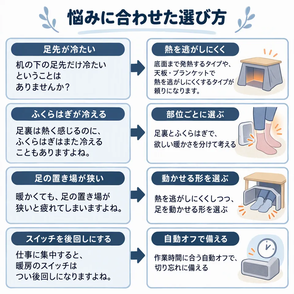 悩みと提案：机の下の足先だけ冷たいということはありませんか？ → 底面まで発熱するタイプや、天板・ブランケットで熱を逃がしにくくするタイプが頼りになります。／足裏は熱く感じるのに、ふくらはぎはまだ冷えることもありますよね。 → 足裏とふくらはぎで、欲しい暖かさを分けて考える／暖かくても、足の置き場が狭いと疲れてしまいますよね。 → 熱を逃がしにくくしつつ、足を動かせる形を選ぶ／仕事に集中すると、暖房のスイッチはつい後回しになりますよね。 → 作業時間に合う自動オフで、切り忘れに備える