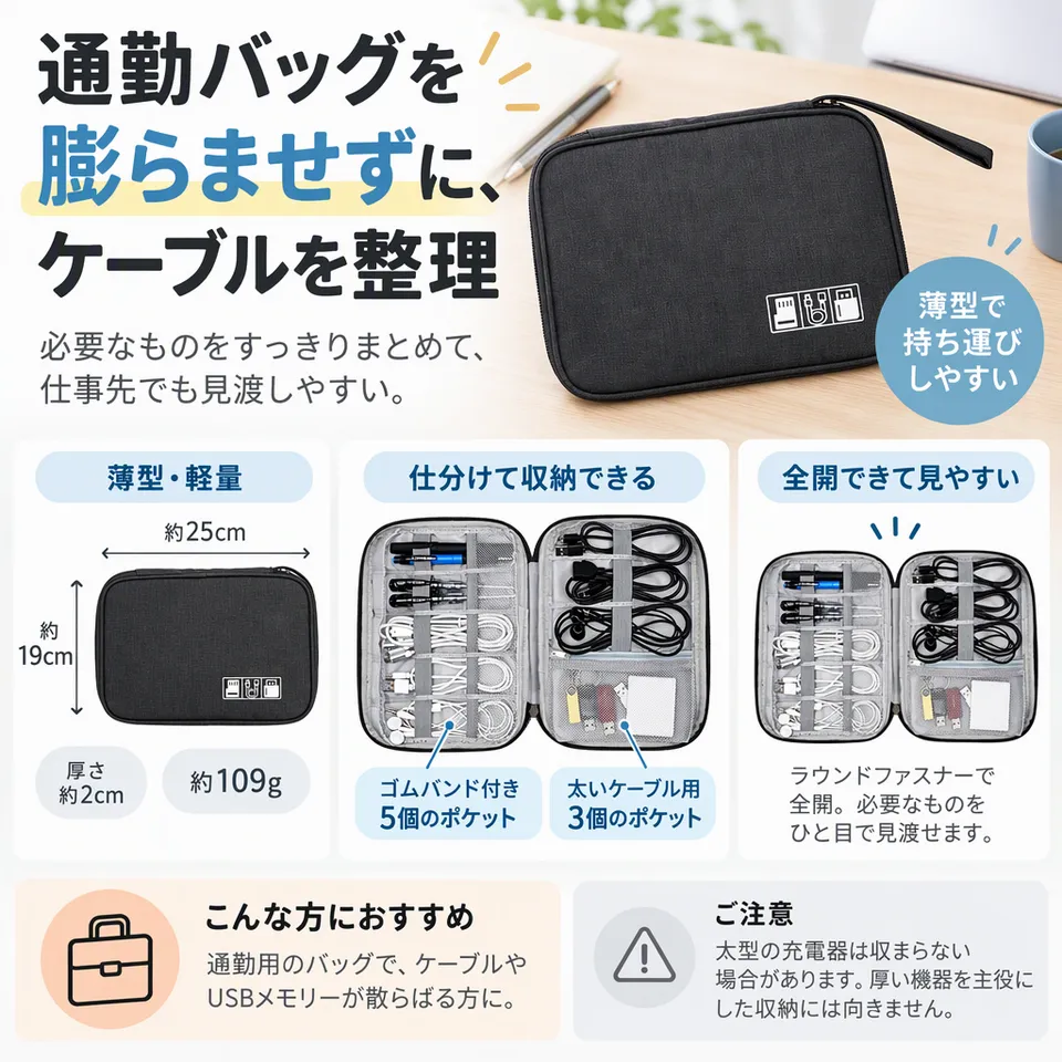 fogman 薄型ガジェットポーチ ブラックの要点：薄型で軽量・ケーブルを分けやすい・全開して見渡せる