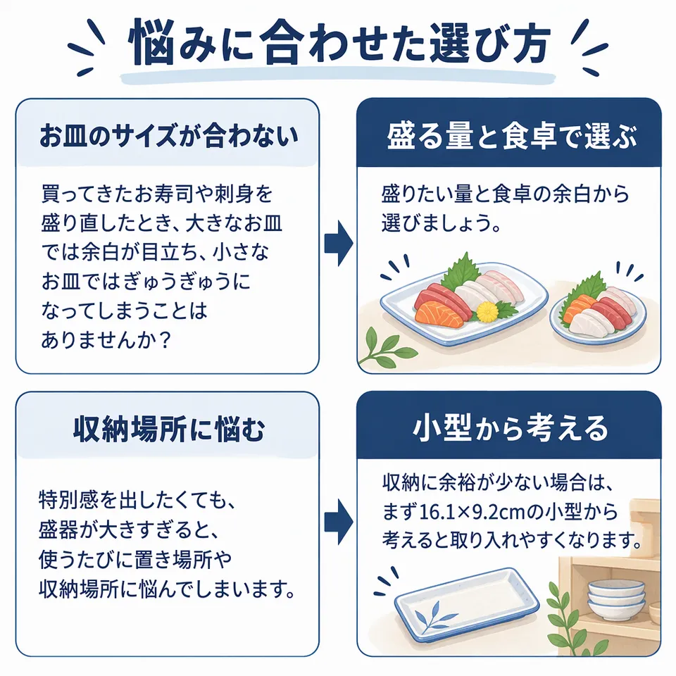 悩みと提案：買ってきたお寿司や刺身を盛り直したとき、大きなお皿では余白が目立ち、小さなお皿ではぎゅうぎゅうになってしまうことはありませんか？ → 盛りたい量と食卓の余白から選びましょう／特別感を出したくても、盛器が大きすぎると、使うたびに置き場所や収納場所に悩んでしまいます。 → 収納に余裕が少ない場合は、まず16.1×9.2cmの小型から考えると取り入れやすくなります。