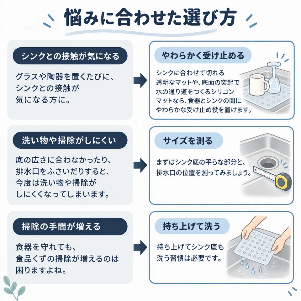 悩みと提案：グラスや陶器を置くたびに、シンクとの接触が気になる方に。 → シンクに合わせて切れる透明なマットや、底面の突起で水の通り道をつくるシリコンマットなら、食器とシンクの間にやわらかな受け止め役を置けます。／底の広さに合わなかったり、排水口をふさいだりすると、今度は洗い物や掃除がしにくくなってしまいます。 → まずはシンク底の平らな部分と、排水口の位置を測ってみましょう。／食器を守れても、食品くずの掃除が増えるのは困りますよね。 → 持ち上げてシンク底も洗う習慣は必要です。