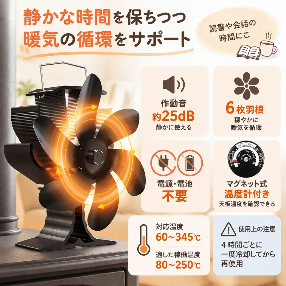 Signstek ストーブファン 6枚羽 温度計付きの要点：静音設計・温度計付き・過熱保護プレート