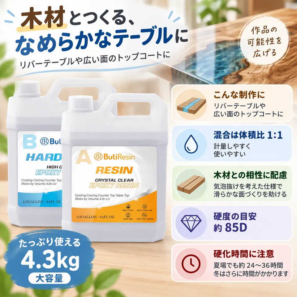 二液性エポキシ樹脂 4.3kgの要点：テーブル制作向け・木材と組み合わせやすい・広い面に使える