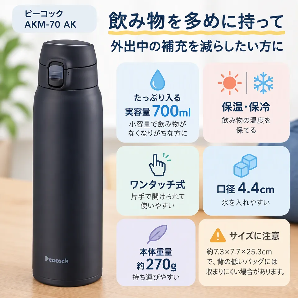 ピーコック AKM-70 AK 700ml ダークネイビーの要点：多めに持てる容量・スポーツ飲料対応・氷を入れやすい口径