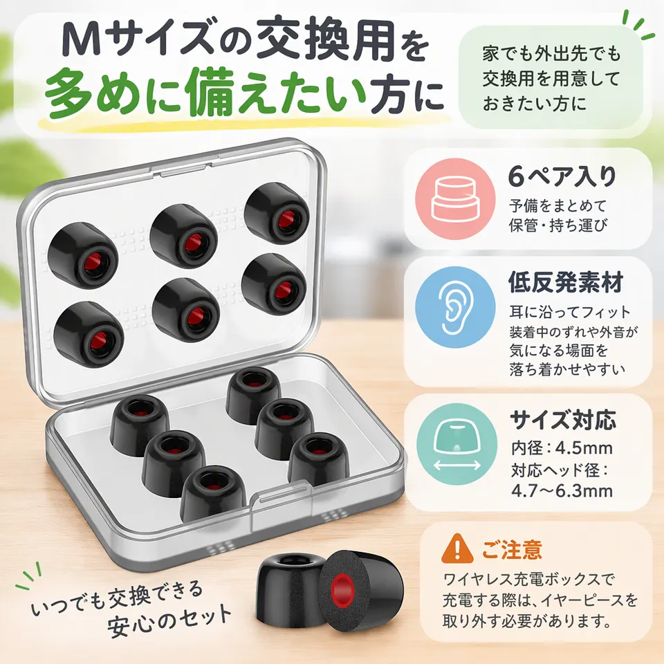 FEYCH 低反発イヤーピース M 6ペア ケース付きの要点：交換用を多めに確保・収納ケース付き・耳に沿う低反発素材