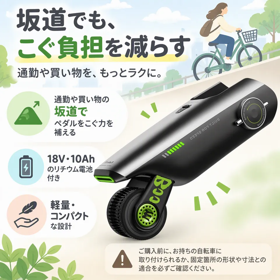自転車電動アシストキット 18V・10Ah グリーンの要点：電池付きの補助キット・軽量コンパクト設計